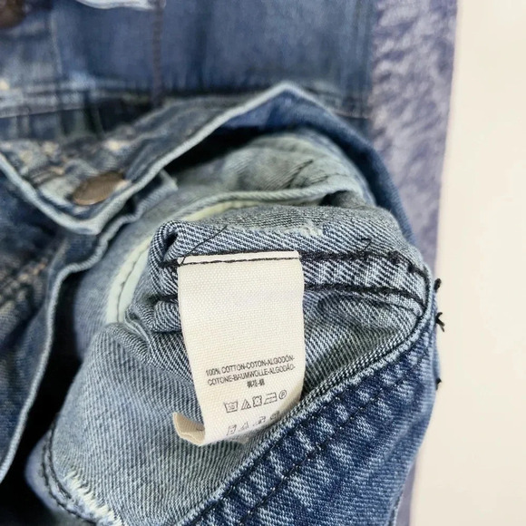 Free People Mixed Media Distressed Denim Jacket  with Knit Sleeves - Picture 13 of 16